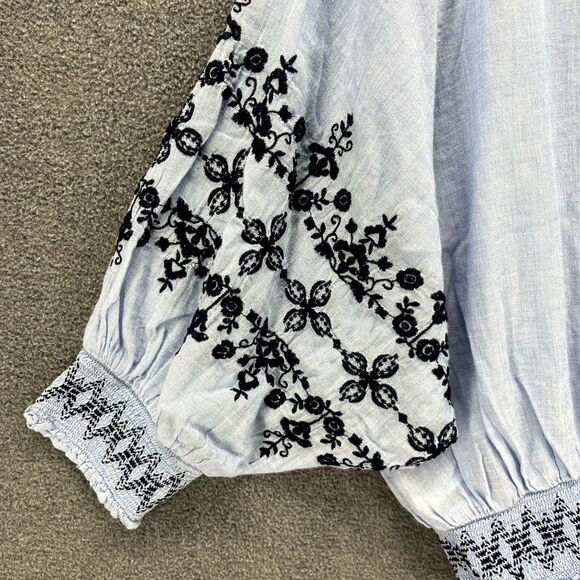 Gap Top women Medium Blue Puff Sleeves boat neck Floral embroidered Crop Blouse - Picture 10 of 14